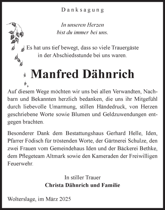 Traueranzeige von Manfred Dähnrich von Volksstimme Altmark Ost