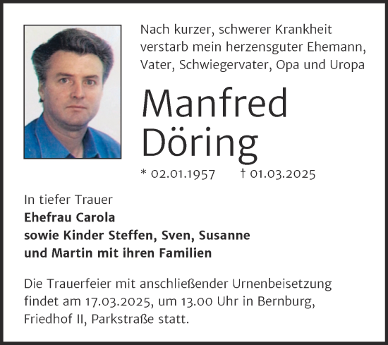 Traueranzeige von Manfred Döring von Trauerkombi Bernburg