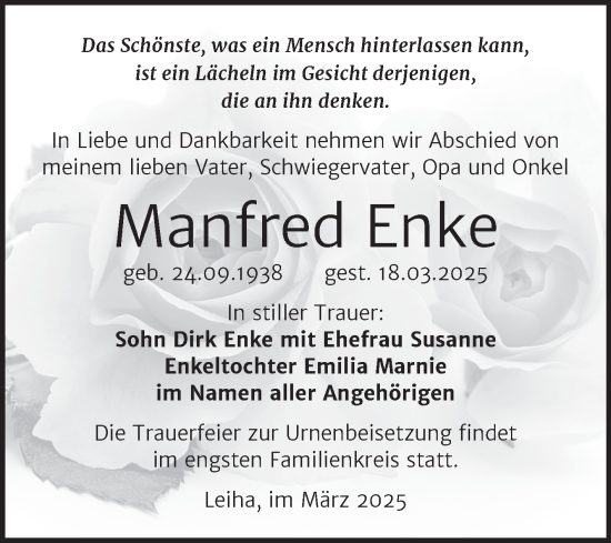 Traueranzeige von Manfred Enke von Trauerkombi Merseburg