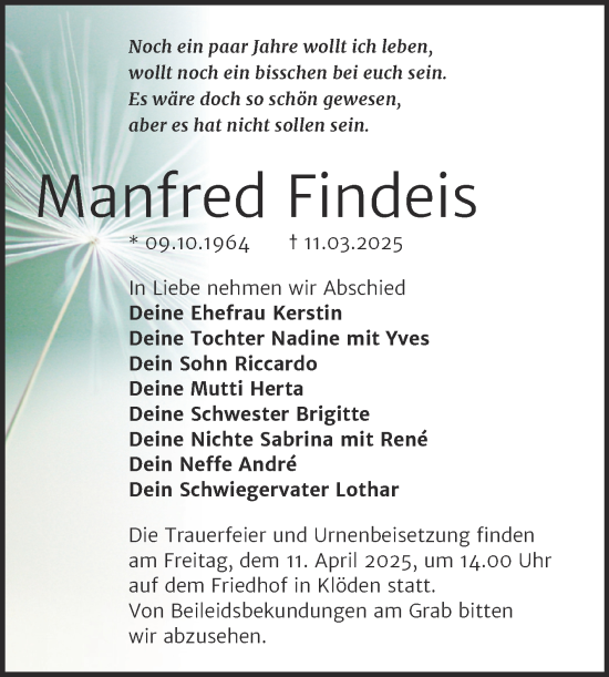 Traueranzeige von Manfred Findeis von Trauerkombi Wittenberg