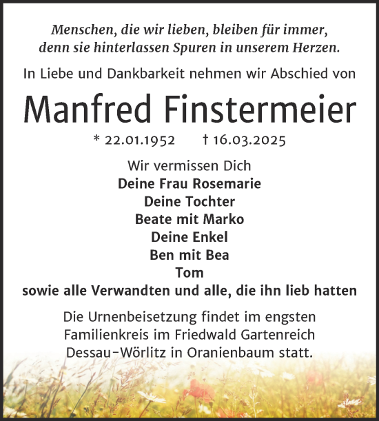 Traueranzeige von Manfred Finstermeier von Trauerkombi Wittenberg