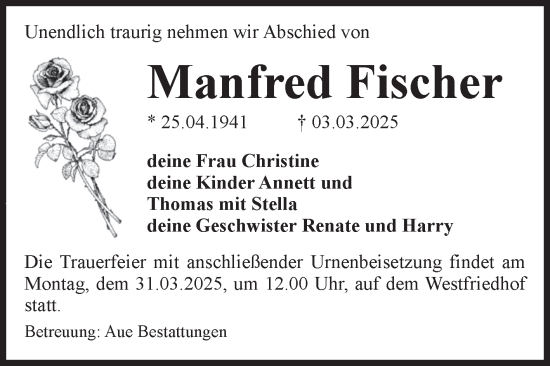 Traueranzeige von Manfred Fischer von Volksstimme Magdeburg