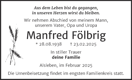 Traueranzeige von Manfred Fölbrig von Trauerkombi Bernburg