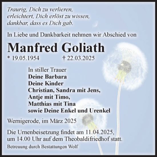 Traueranzeige von Manfred Goliath von Volksstimme Wernigerode