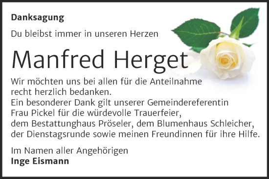 Traueranzeige von Manfred Herget von Trauerkombi Bernburg