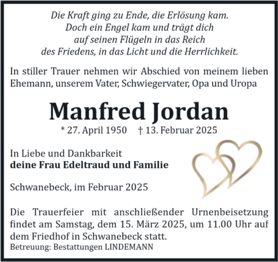 Traueranzeige von Manfred Jordan von Volksstimme Halberstadt