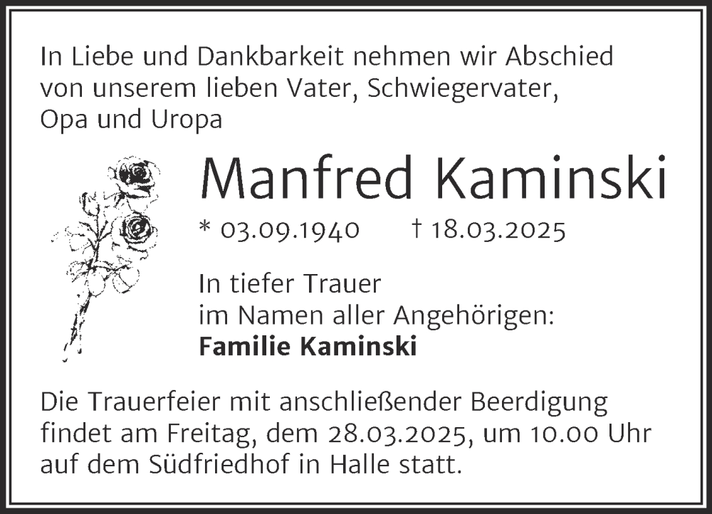  Traueranzeige für Manfred Kaminski vom 22.03.2025 aus Mitteldeutsche Zeitung Halle/Saalkreis