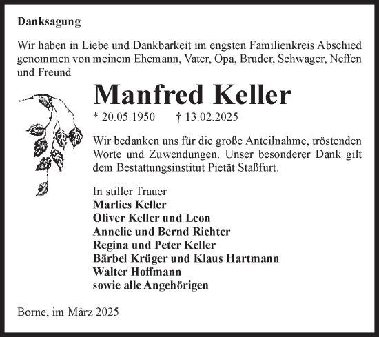 Traueranzeige von Manfred Keller von Volksstimme Staßfurt