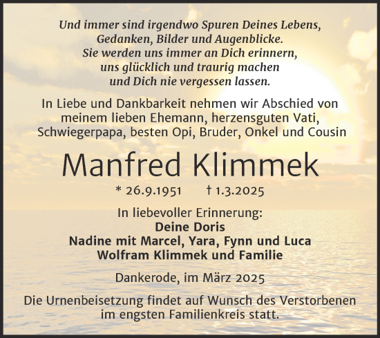 Traueranzeige von Manfred Klimmek von Trauerkombi Quedlinburg