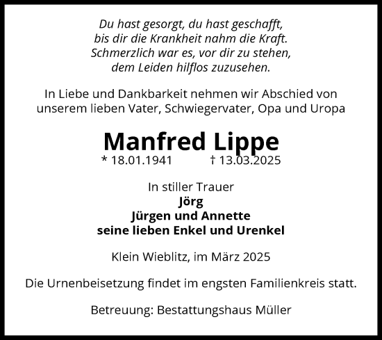 Traueranzeige von Manfred Lippe von Volksstimme Altmark West