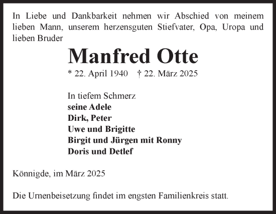 Traueranzeige von Manfred Otte von Volksstimme Altmark Ost