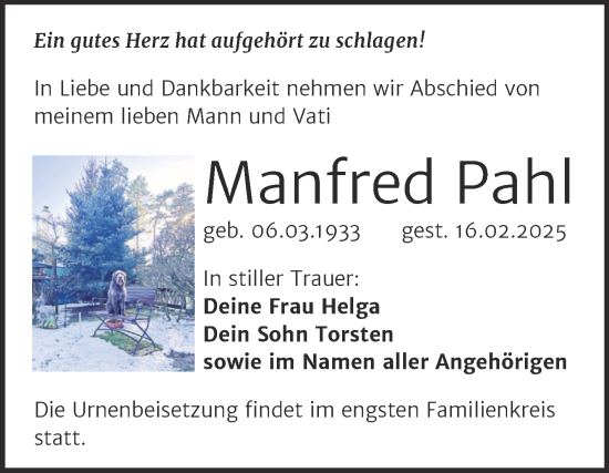 Traueranzeige von Manfred Pahl von Trauerkombi Bitterfeld
