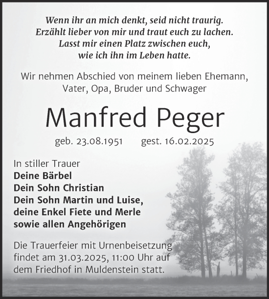 Traueranzeige von Manfred Peger von Trauerkombi Bitterfeld