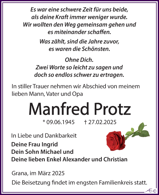 Traueranzeige von Manfred Protz von Trauerkombi Zeitz