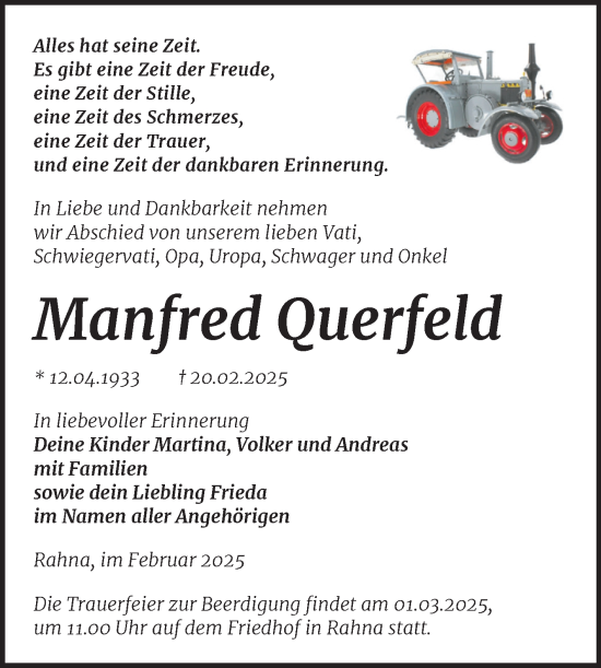 Traueranzeige von Manfred Querfeld von Super Sonntag Weißenfels