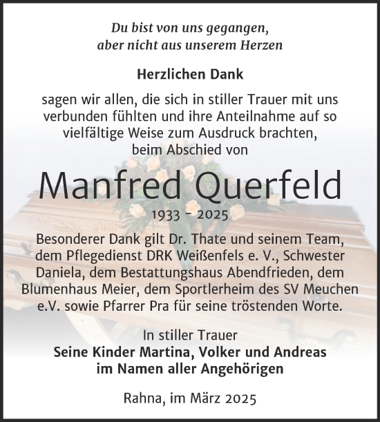 Traueranzeige von Manfred Querfeld von Super Sonntag Weißenfels
