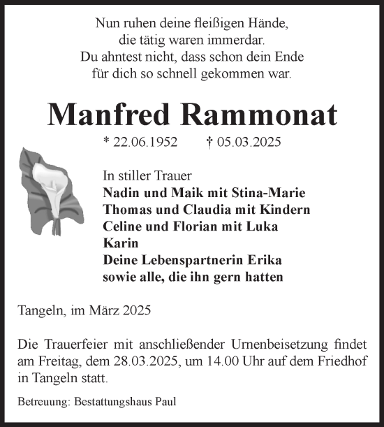 Traueranzeige von Manfred Rammonat von Volksstimme Altmark West