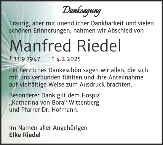 Traueranzeige von Manfred Riedel von Trauerkombi Wittenberg