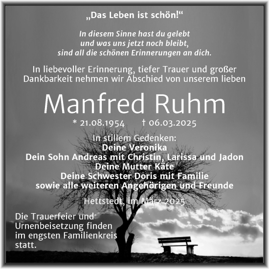 Traueranzeige von Manfred Ruhm von Trauerkombi Mansfelder Land