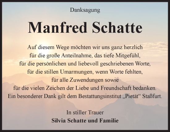 Traueranzeige von Manfred Schatte von Volksstimme Staßfurt