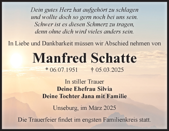 Traueranzeige von Manfred Schatte von Volksstimme Staßfurt