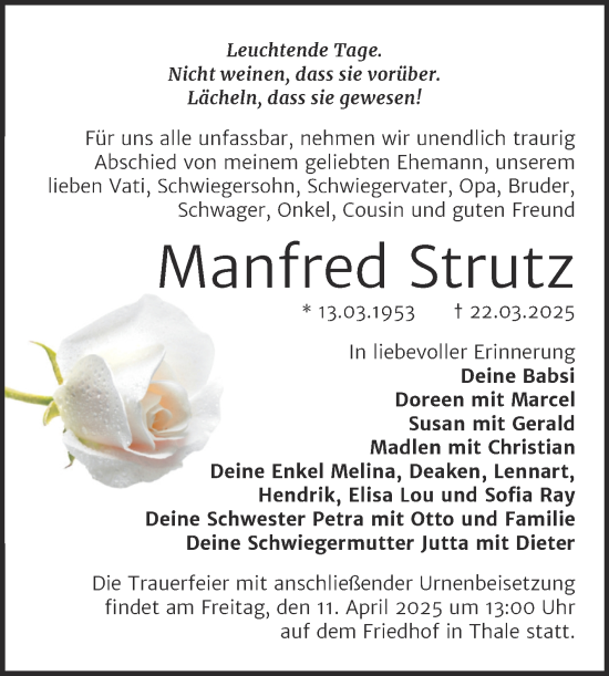 Traueranzeige von Manfred Strutz von Trauerkombi Quedlinburg