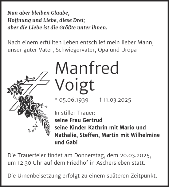 Traueranzeige von Manfred Voigt von Trauerkombi Aschersleben