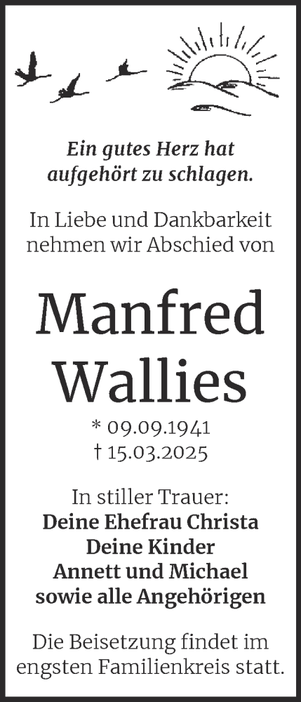 Traueranzeige von Manfred Wallies von Trauerkombi Köthen