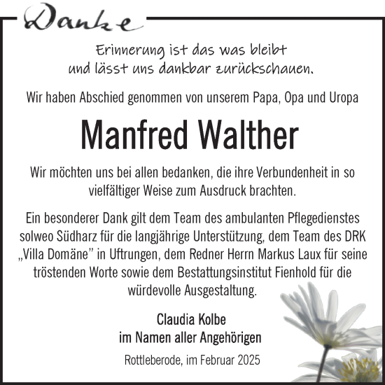 Traueranzeige von Manfred Walther von Trauerkombi Sangerhausen