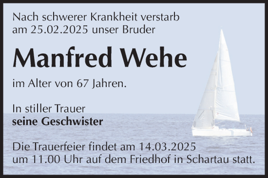 Traueranzeige von Manfred Wehe von Volksstimme Burg/Genthin