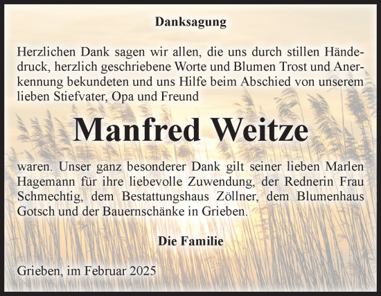 Traueranzeige von Manfred Weitze von Volksstimme Altmark Ost