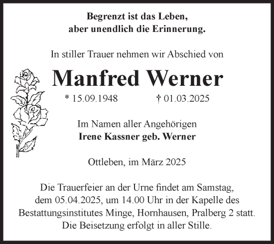 Traueranzeige von Manfred Werner von Volksstimme Oschersleben/Wanzleben
