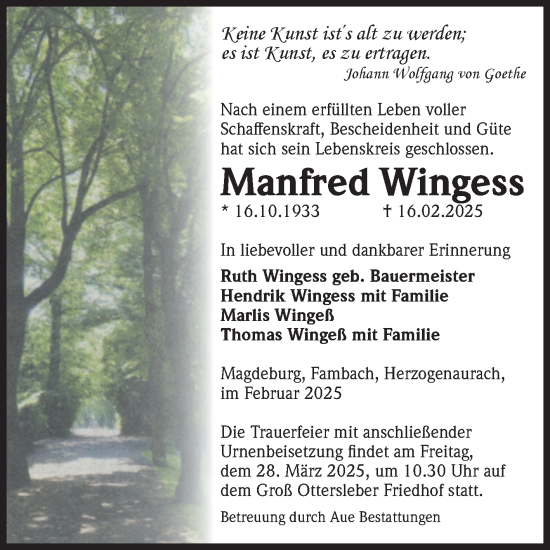 Traueranzeige von Manfred Wingess von Volksstimme Magdeburg