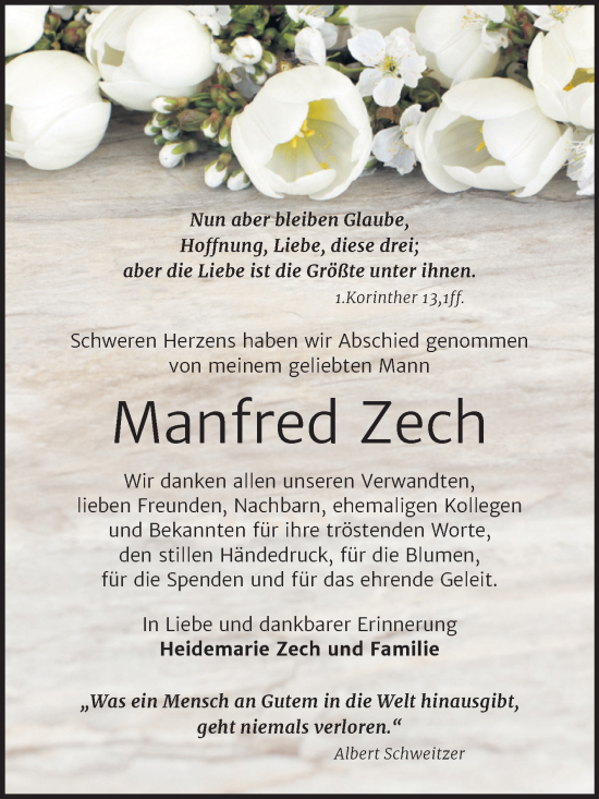 Traueranzeige von Manfred Zech von Trauerkombi Wittenberg