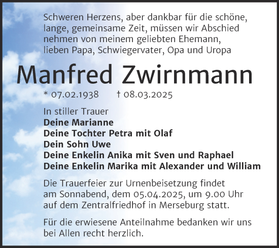 Traueranzeige von Manfred Zwirnmann von Trauerkombi Merseburg