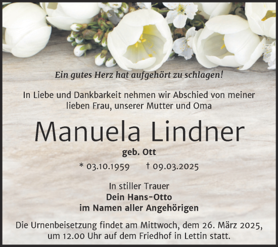 Traueranzeige von Manuela Lindner von Mitteldeutsche Zeitung Halle/Saalkreis