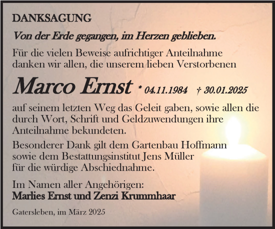 Traueranzeige von Marco Ernst von Trauerkombi Aschersleben