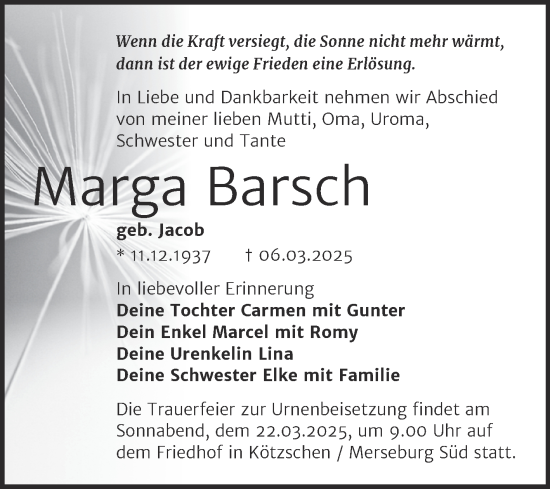 Traueranzeige von Marga Barsch von Trauerkombi Merseburg