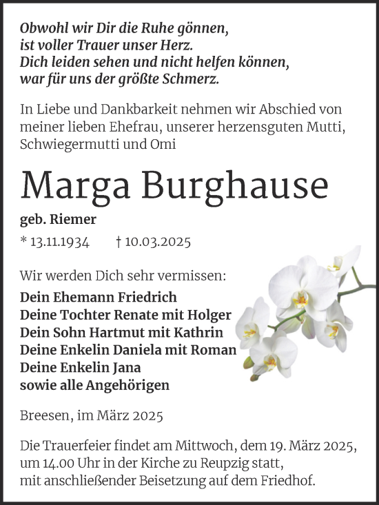 Traueranzeige von Marga Burghause von Trauerkombi Köthen