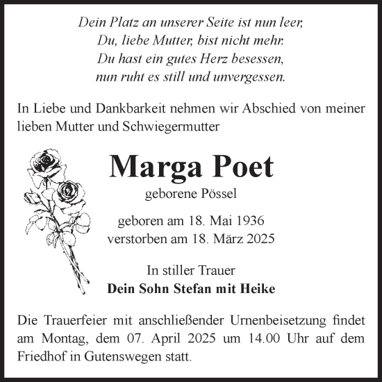 Traueranzeige von Marga Poet von Volksstimme Haldensleben/Wolmirstedt