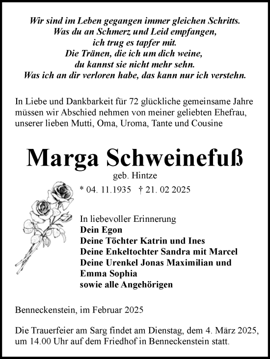 Traueranzeige von Marga Schweinefuß von Volksstimme Wernigerode