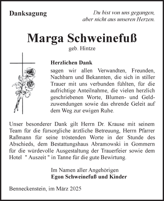Traueranzeige von Marga Schweinefuß von Volksstimme Wernigerode