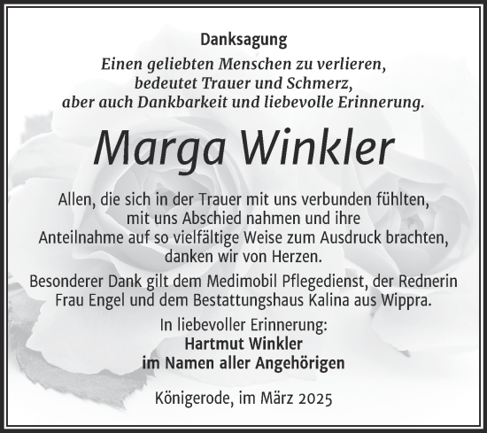 Traueranzeige von Marga Winkler von Trauerkombi Quedlinburg