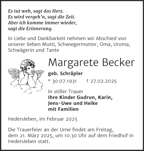 Traueranzeige von Margarete Becker von Super Sonntag Quedlingburg