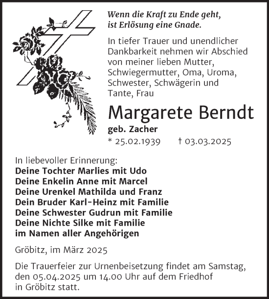 Traueranzeige von Margarete Berndt von Trauerkombi Weißenfels