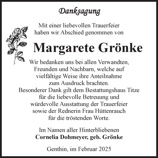 Traueranzeige von Margarete Grönke von Volksstimme Burg/Genthin