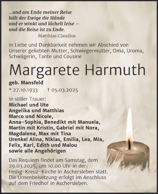 Traueranzeige von Margarete Harmuth von Trauerkombi Aschersleben