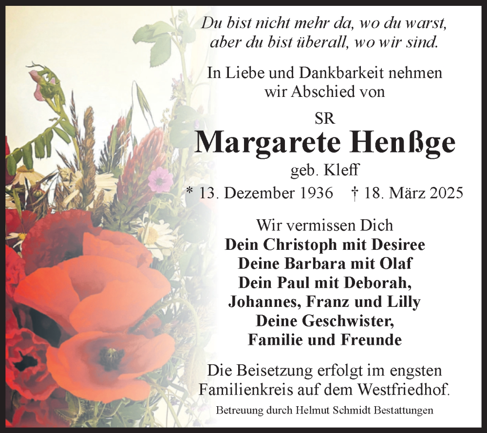  Traueranzeige für Margarete Henßge vom 22.03.2025 aus Volksstimme Magdeburg