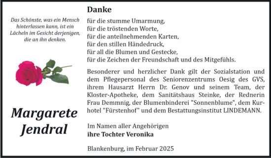 Traueranzeige von Margarete Jendral von Volksstimme Wernigerode