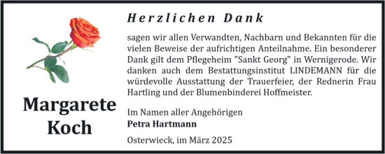 Traueranzeige von Margarete Koch von Volksstimme Halberstadt